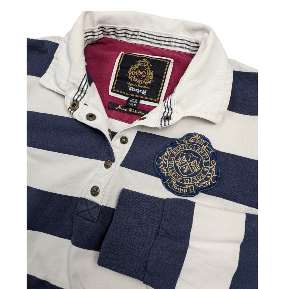 Toggi Womens Navy White Striped Long Sleeve Rugby Shirt Crest Size‎ US 8 Preppy
